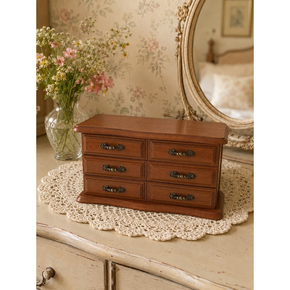 Vintage Wood Jewelry Box 6 Drawer Chest Ornate Metal Pulls Made in Taiwan Brown